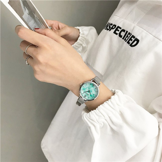 Đồng hồ nữ dây kim loại lưới bạc mặt tròn xanh cá tính ĐHĐ15802